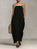 Color Block Maxi Dress with Thin Straps - Black