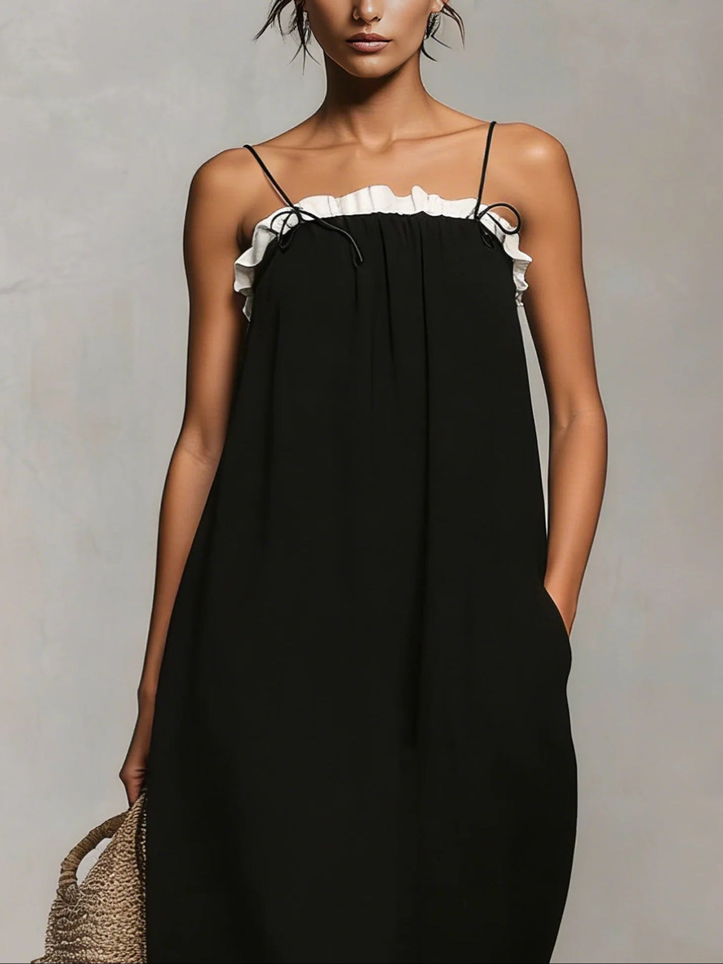 Color Block Maxi Dress with Thin Straps - Black