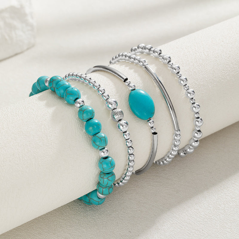 Turquoise and Silver Pearl Bracelet Set Bohemian