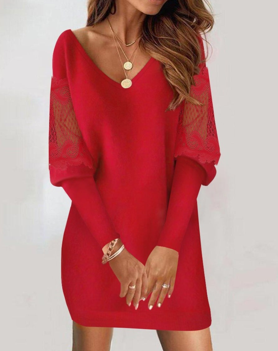 Elegant Dress with Lace Sleeves - Black