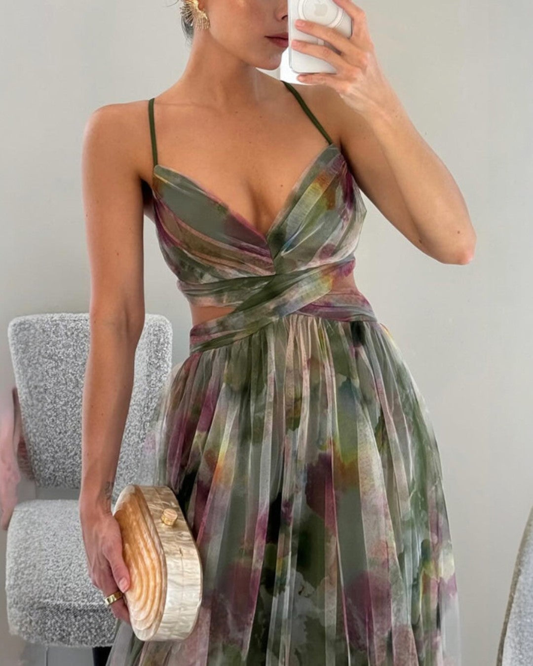Watercolor Floral Print Silk Maxi Dress