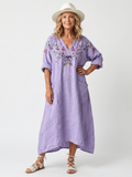 Oversized Floral Embroidered Midi Dress with Pockets