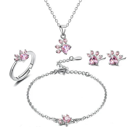 Four Piece Jewelry Set with Zirconia Paw and Heart