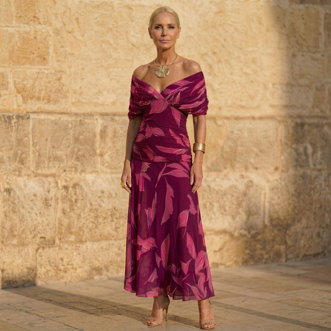 Elegant Dress with Leaf Print - Celeste