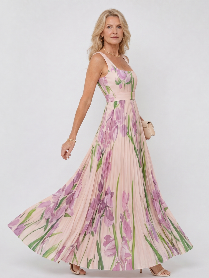 Sleeveless Satin Midi Dress with Square Neckline and Elegant Pleats
