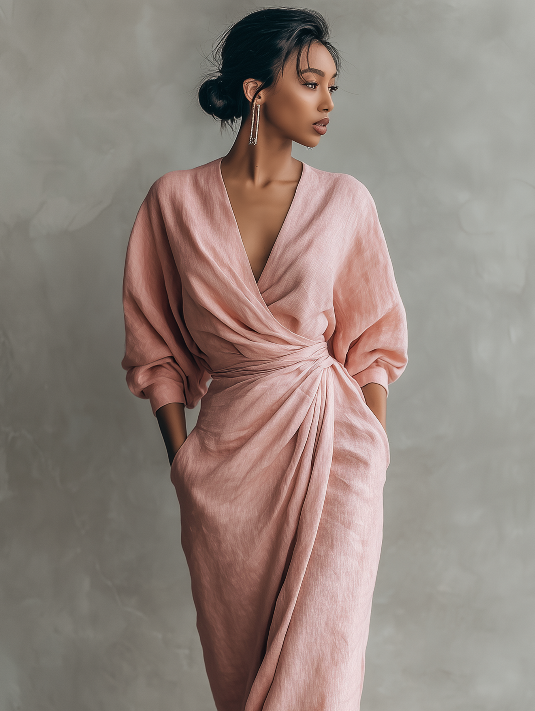 Minimalist Pink Linen Blend Maxi Dress with V Neckline