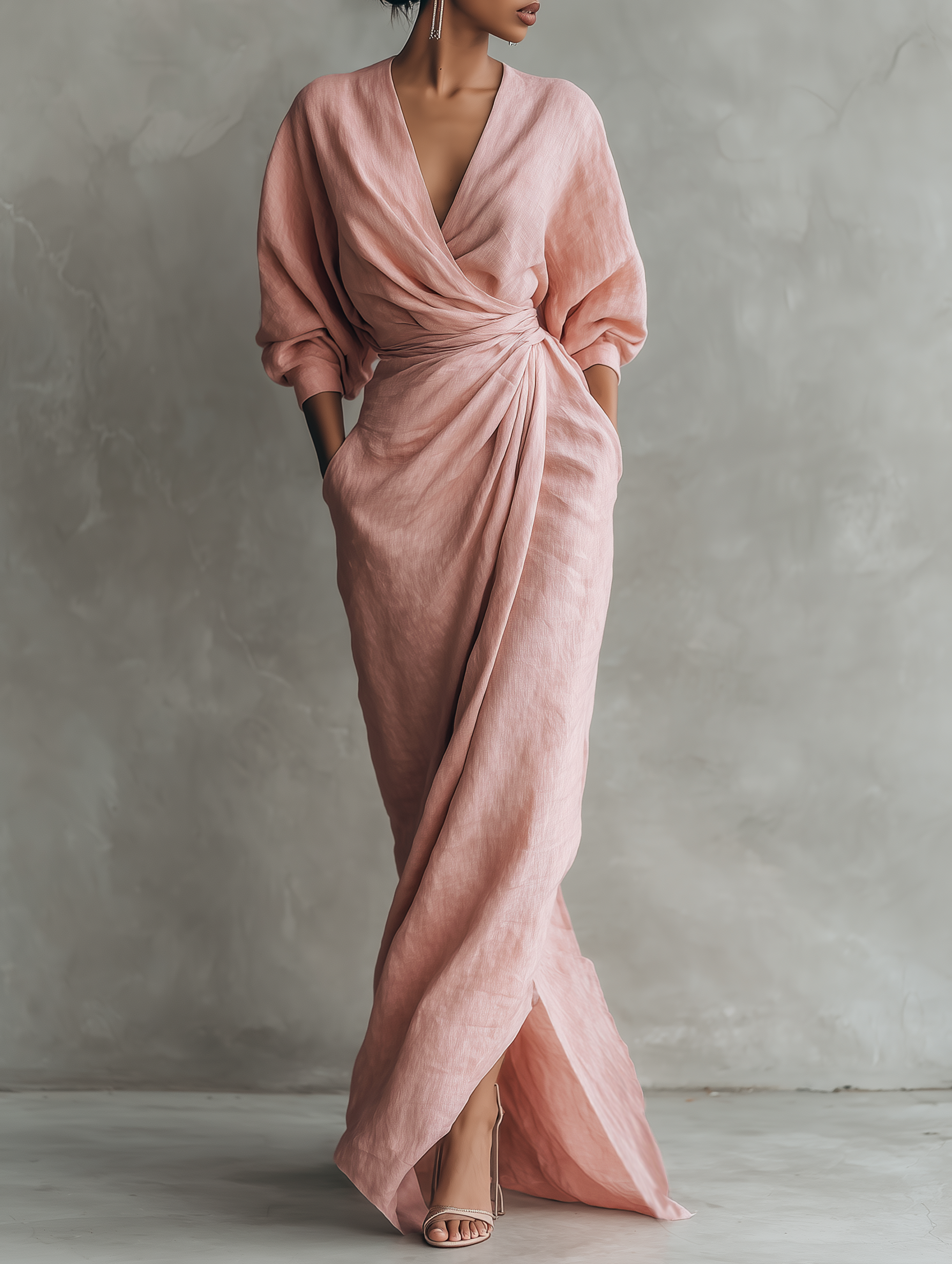Minimalist Pink Linen Blend Maxi Dress with V Neckline
