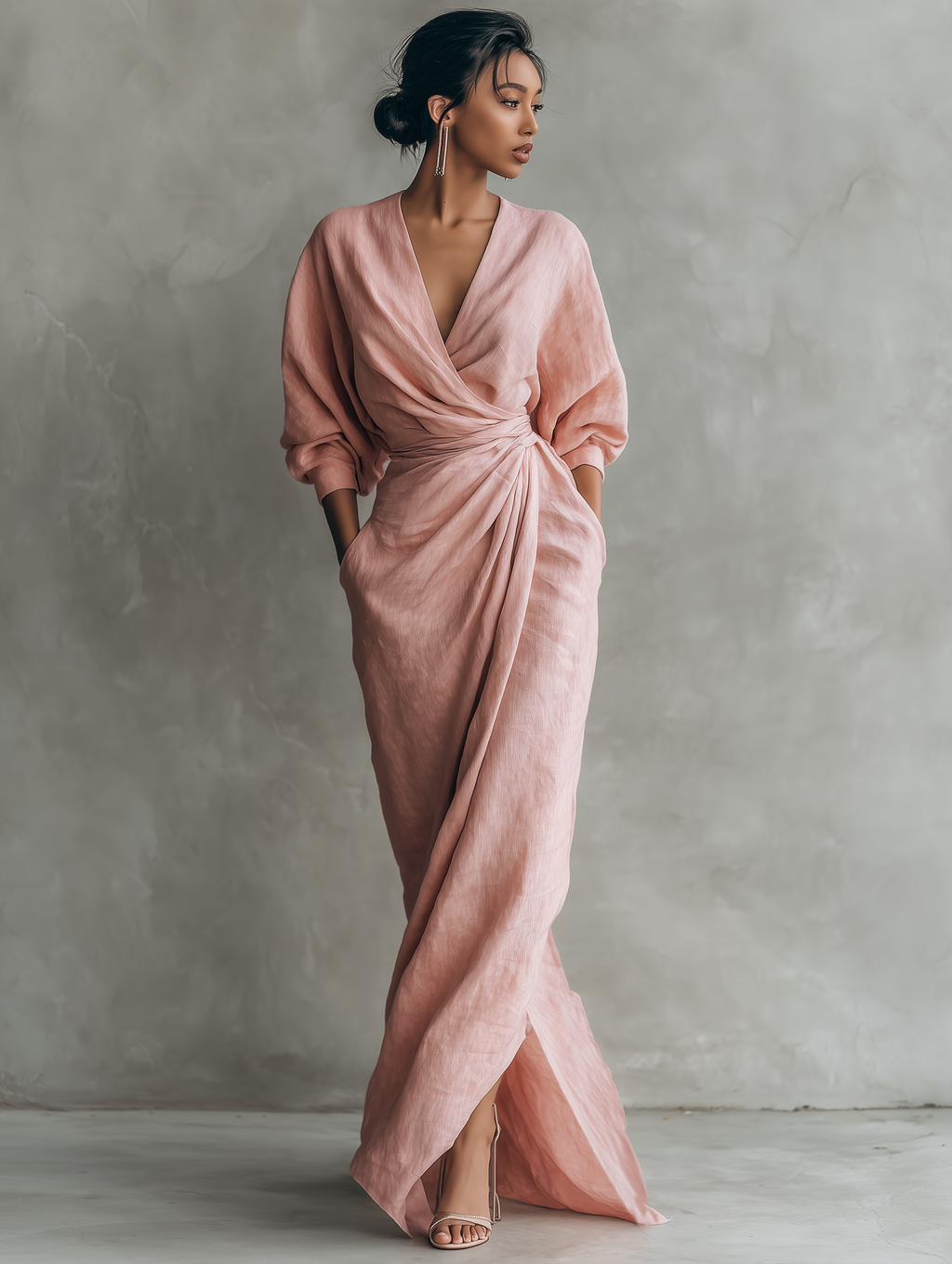 Minimalist Pink Linen Blend Maxi Dress with V Neckline