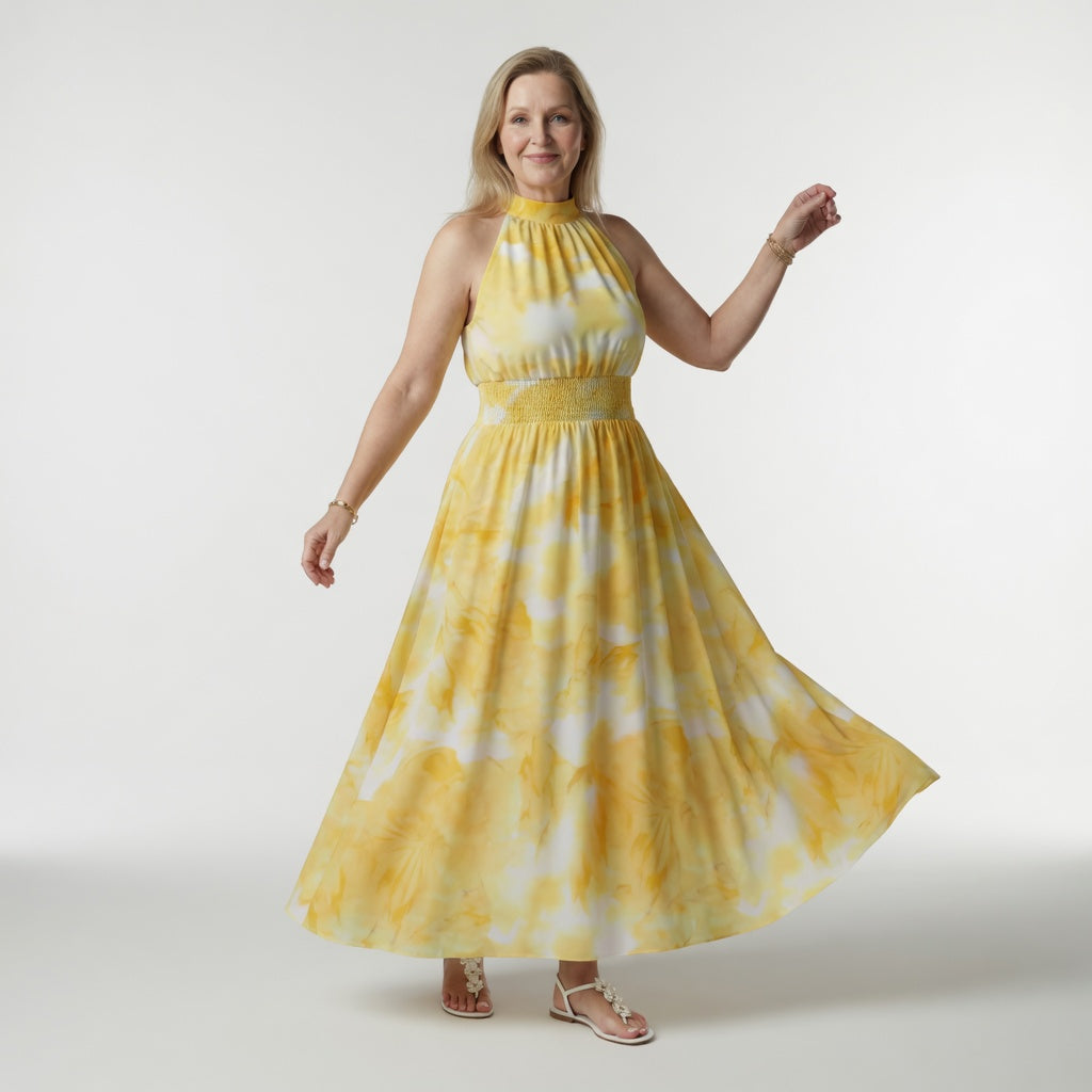 Midi Dress with Gathered Halter Neckline - Yellow