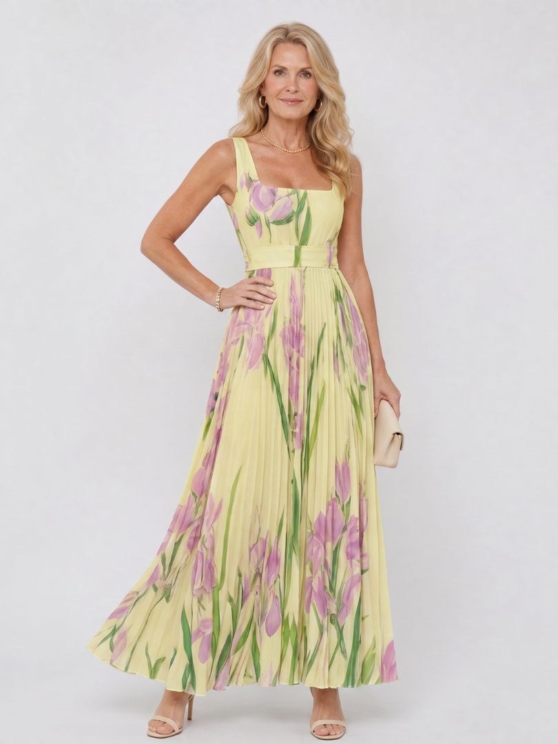 Sleeveless Satin Midi Dress with Square Neckline and Elegant Pleats