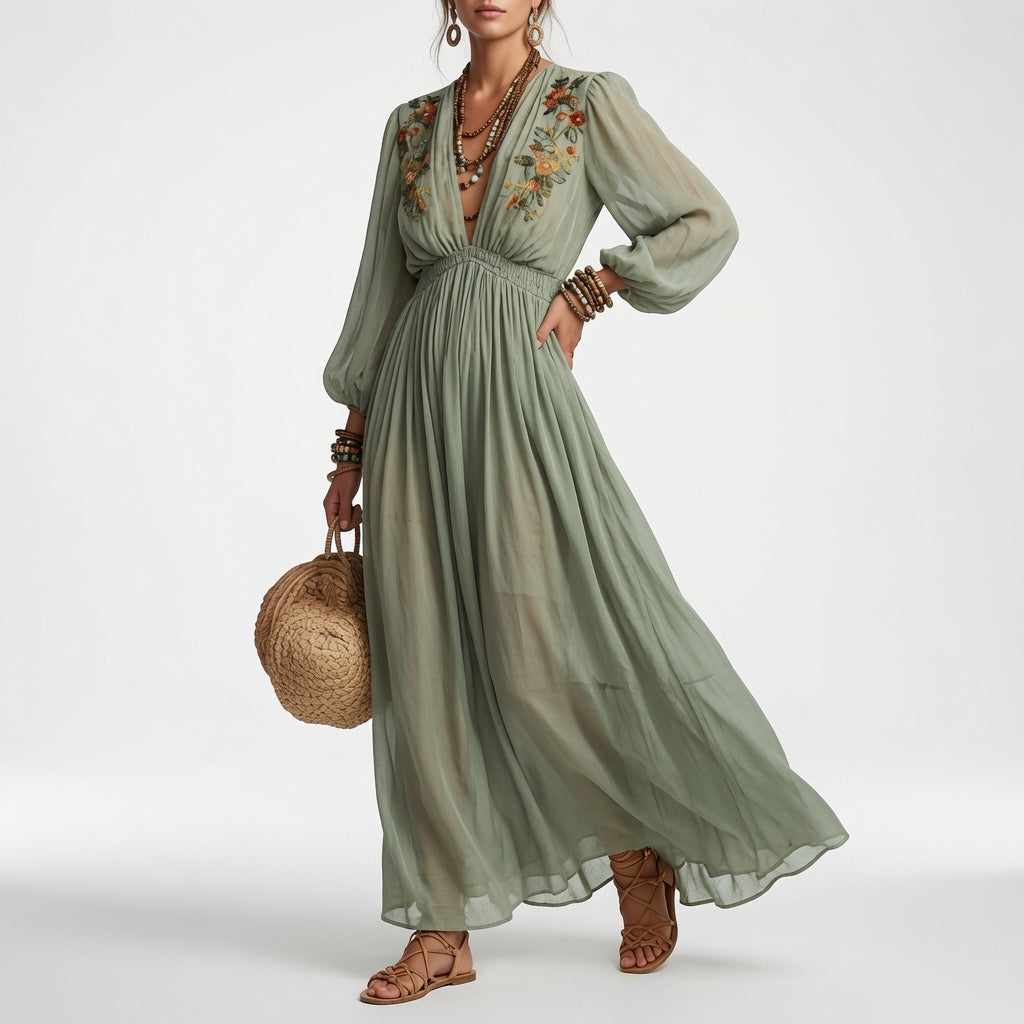 Bohemian Maxi Dress with Floral Print - Green