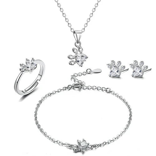 Four Piece Jewelry Set with Zirconia Paw and Heart