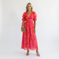 Floral V Neck Midi Dress with Puff Sleeves