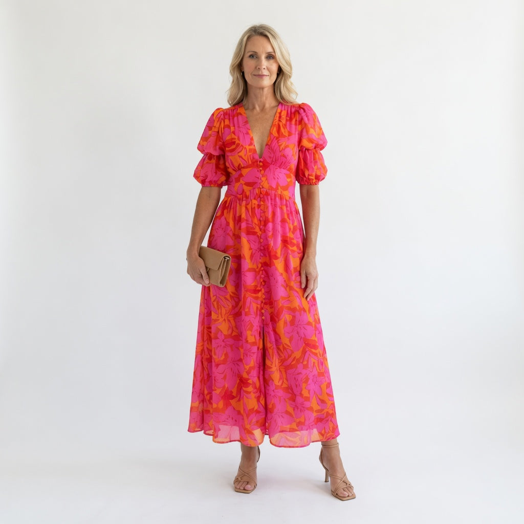 Floral V Neck Midi Dress with Puff Sleeves