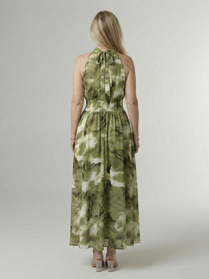 Midi Dress with Gathered Halter Neckline - Yellow