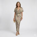 Abstract Print Midi Dress with V Neckline and Twisted Waist