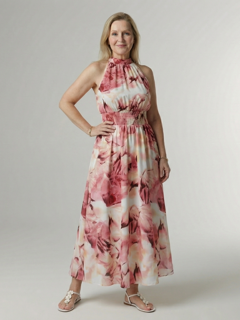 Midi Dress with Gathered Halter Neckline - Yellow