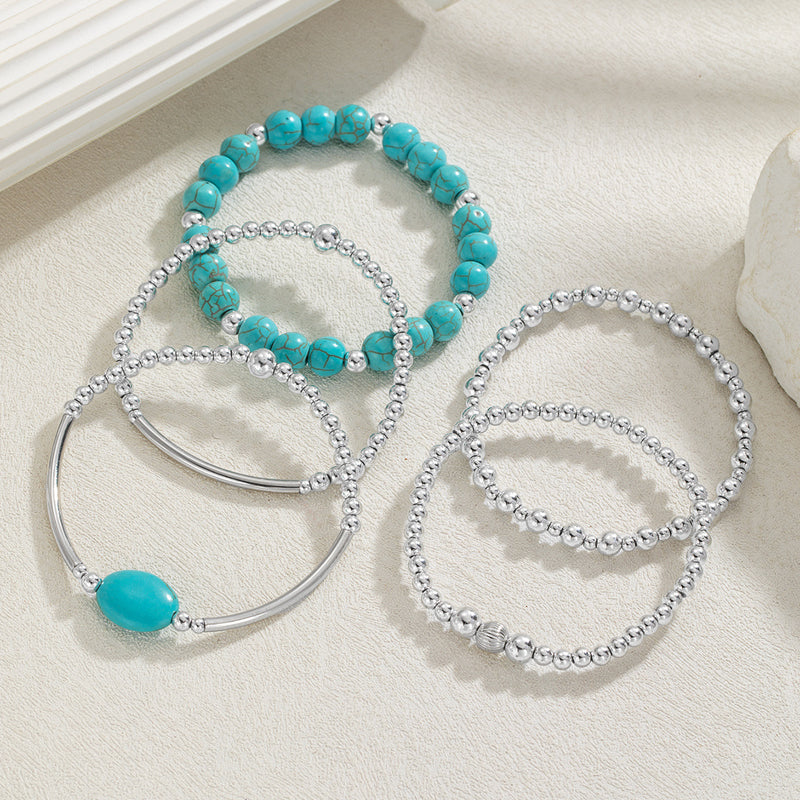 Turquoise and Silver Pearl Bracelet Set Bohemian