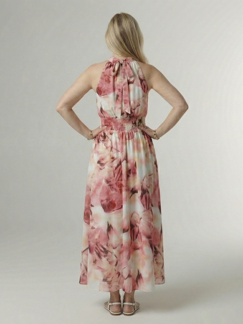 Midi Dress with Gathered Halter Neckline - Yellow