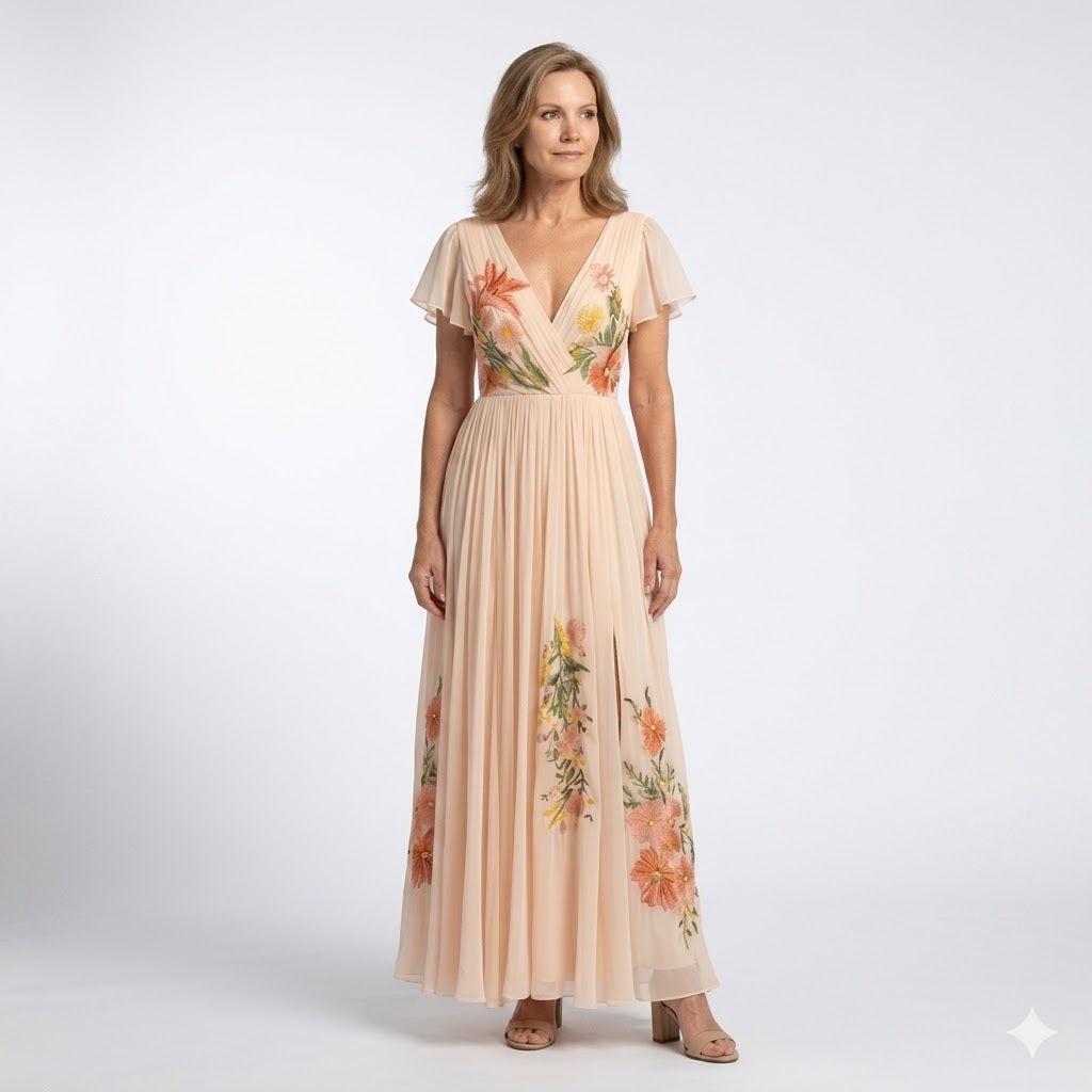 Pleated Floral Maxi Dress with Short V Neck Sleeves