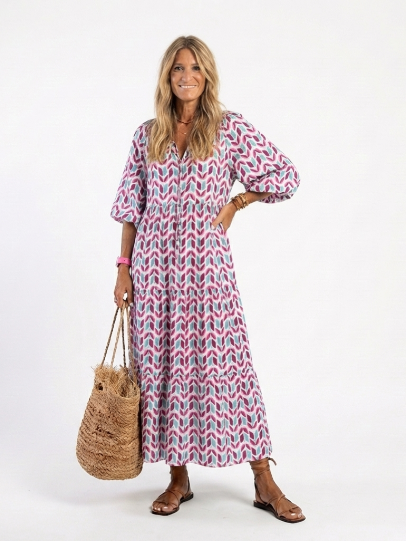 Tiered Long Sleeve Midi Dress with Geometric Print