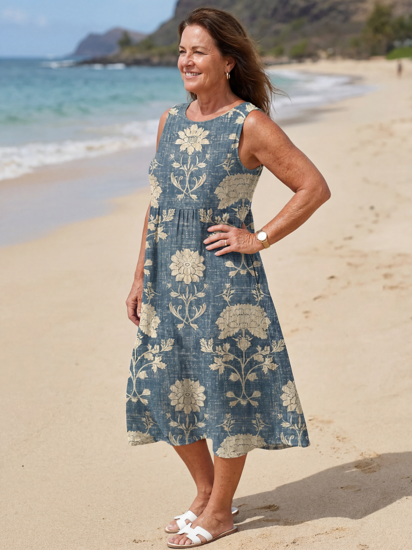 Casual Floral Midi Dress - Blue