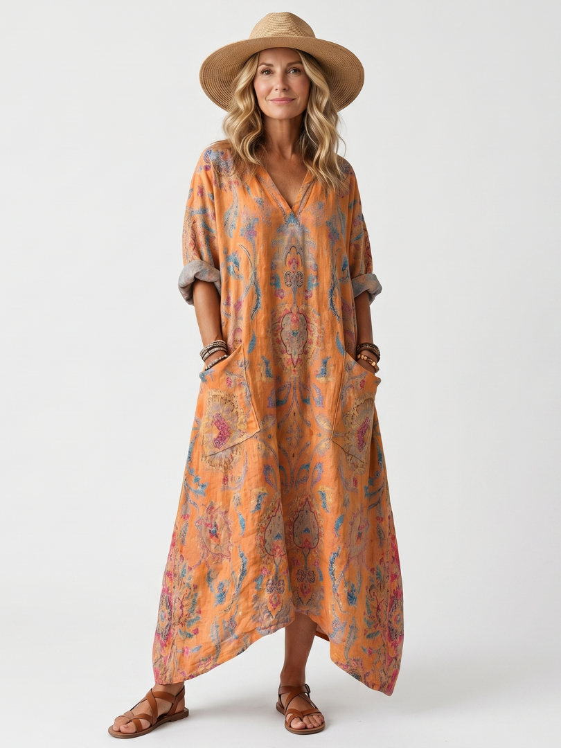 Oversized Printed Midi Dress with Notched Collar and Pockets