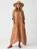 Oversized Printed Midi Dress with Notched Collar and Pockets