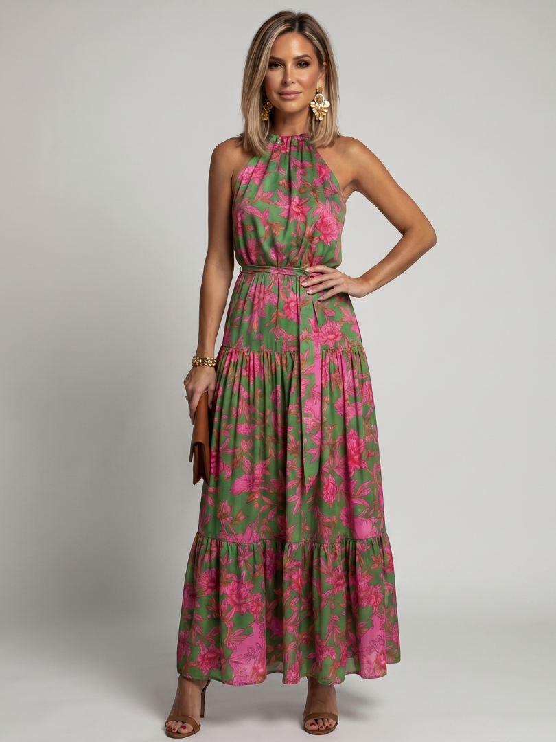 Draped Pink Midi Dress with Elegant Halter Neckline