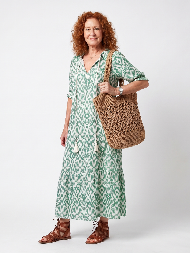 Printed V Neck Tie Front Midi Dress