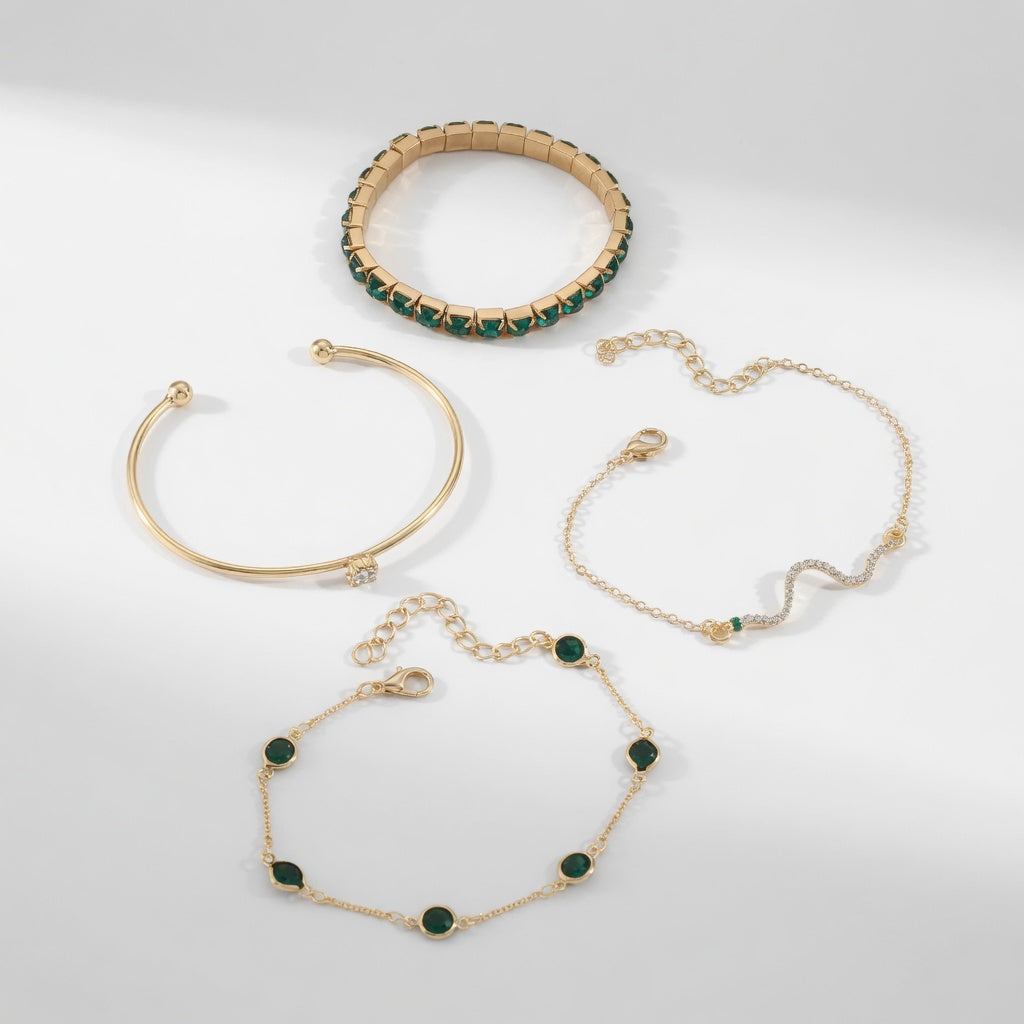 Gold Bracelet Set with Green Stones Precious Elegance