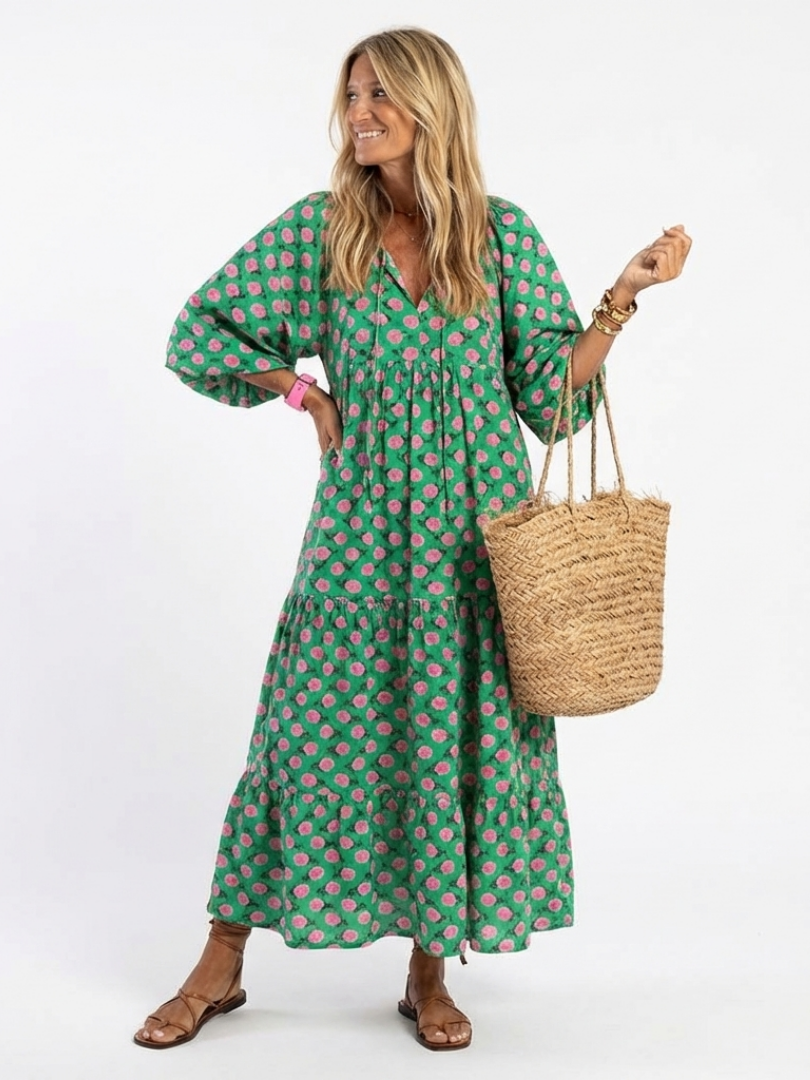 Tiered V Neck Midi Dress with Floral Print