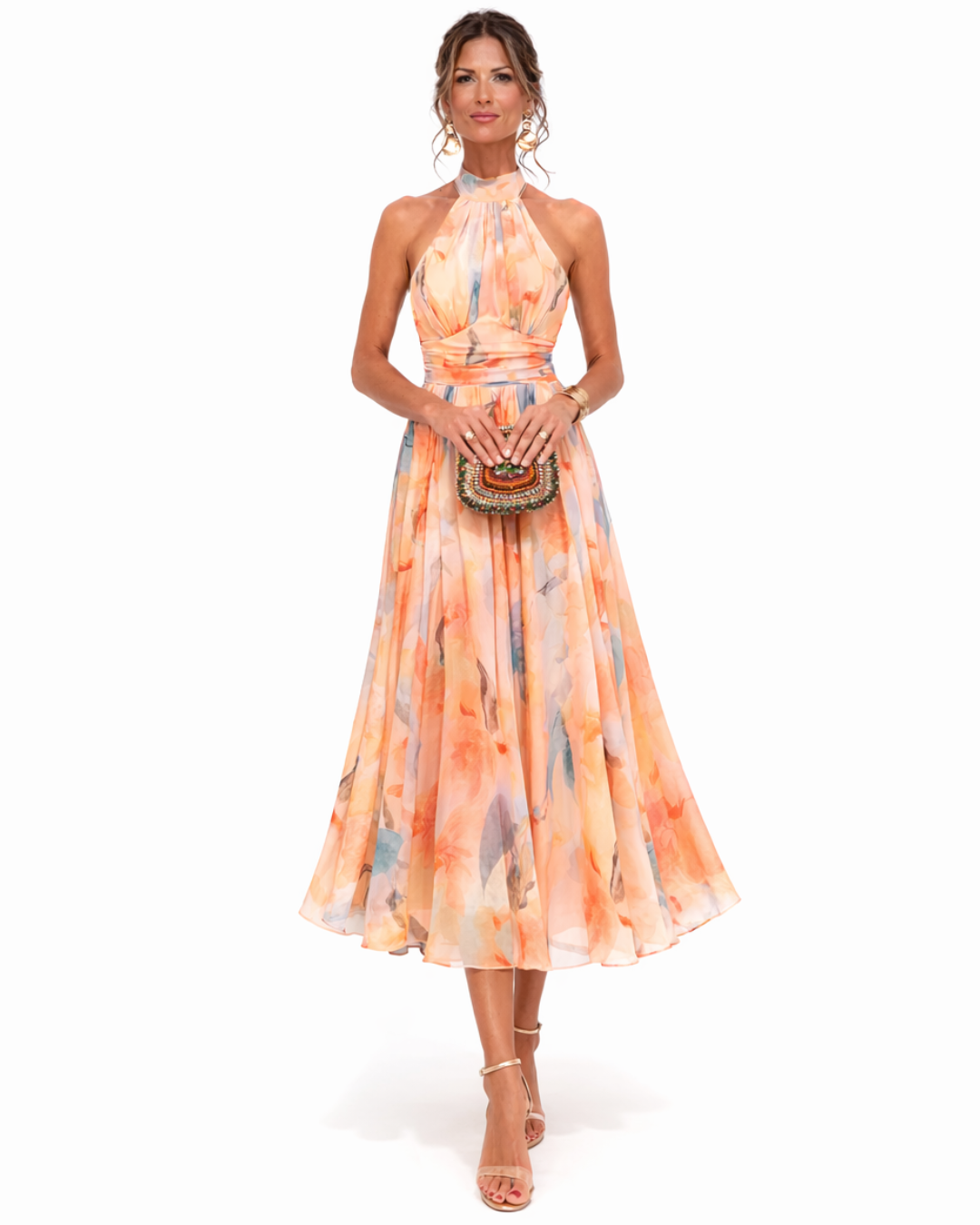 Elegant Flowy Midi Dress with Refined Artistic Print