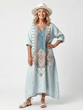 Oversized Midi Dress with Ornamental Embroidered Panel and Pockets
