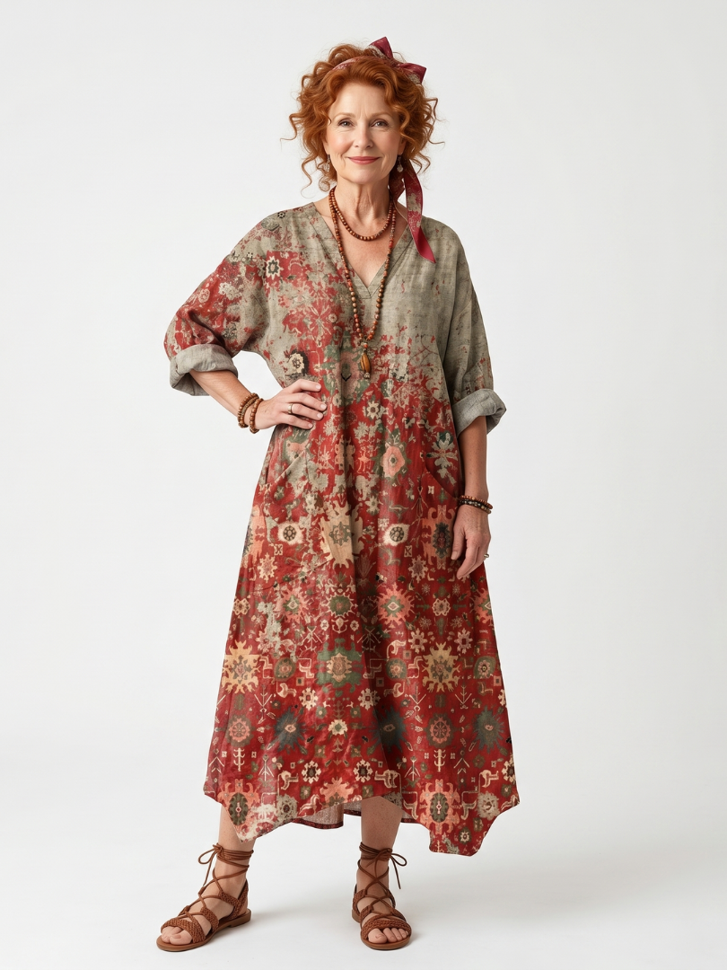 Casual Mixed Print Midi Dress with Pockets