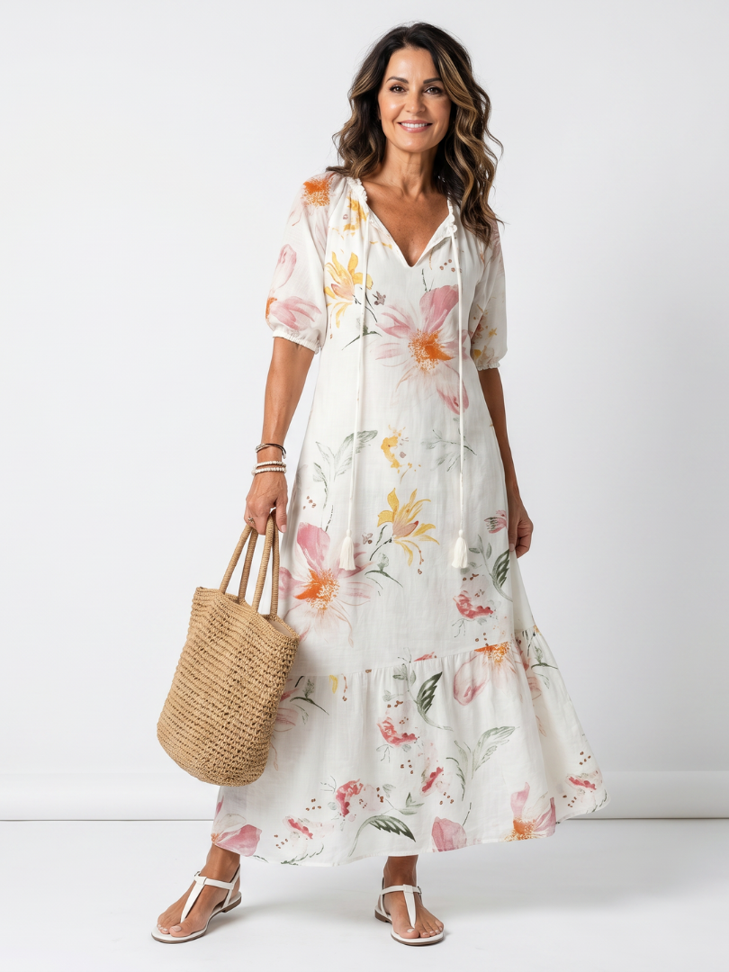 Tiered Midi Dress with Pom Poms and Soft Floral Print