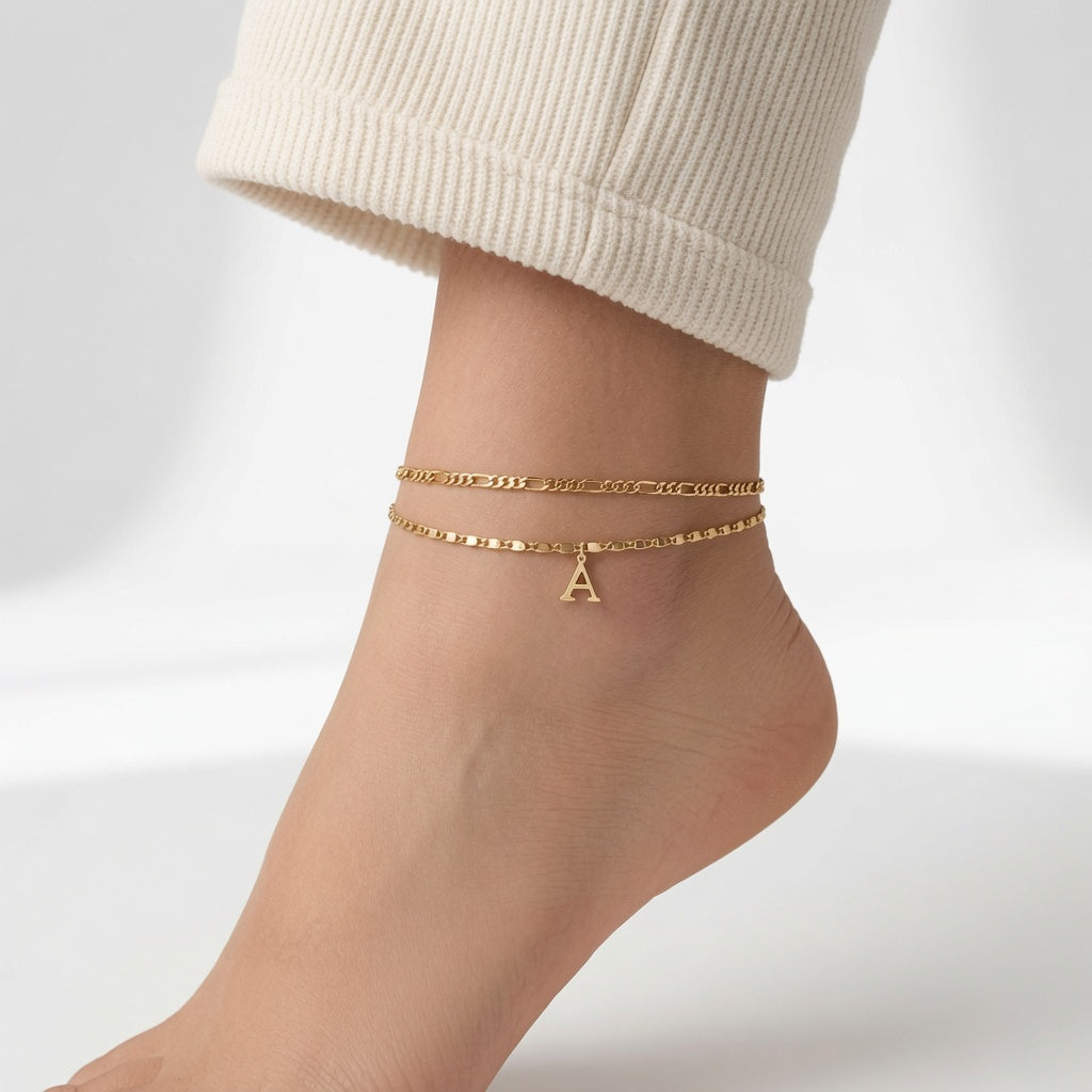 Gold Rhinestone Initial Anklet Personalized Elegance