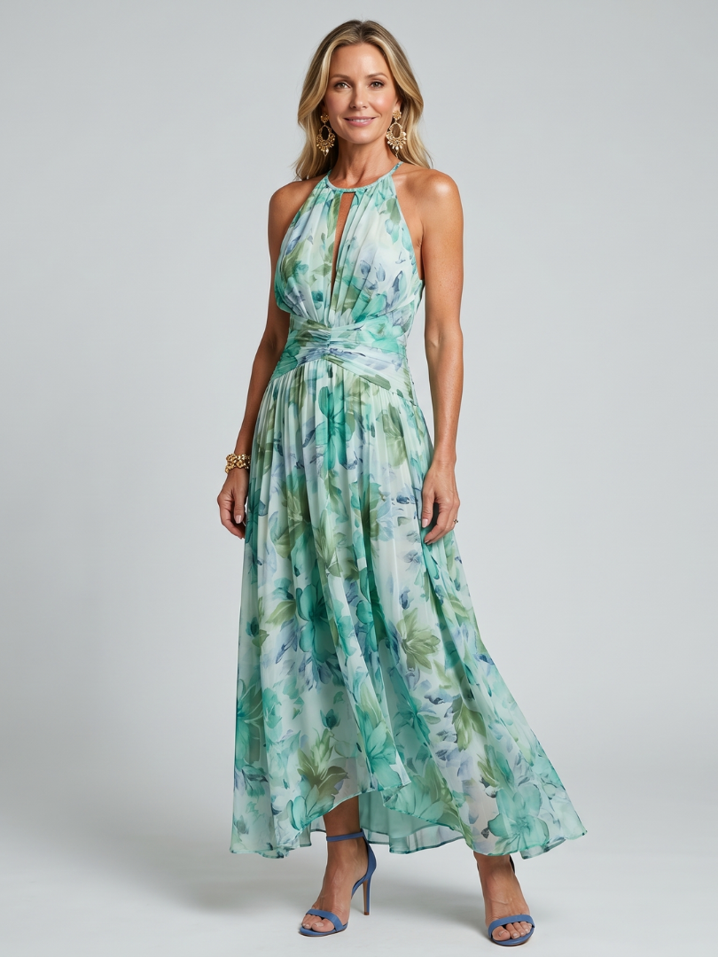 Pleated Crepe Midi Dress with Halter Neck and Floral Print