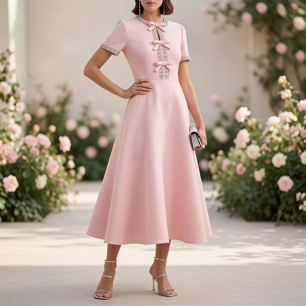 Satin Midi Dress with Bow and Crystal Embellishments