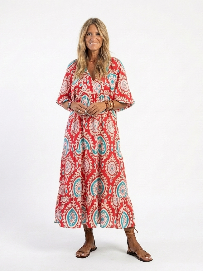 Short Sleeve V Neck Midi Dress with Paisley Print