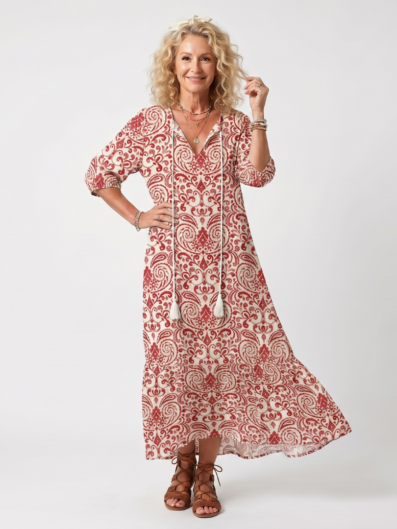 Tie Front Midi Dress with Ornamental Print