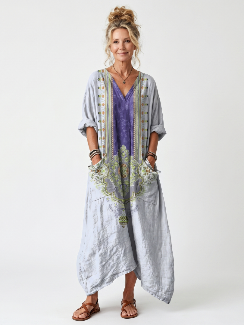 Oversized Midi Dress with Contrast Embroidered Panel and Pockets