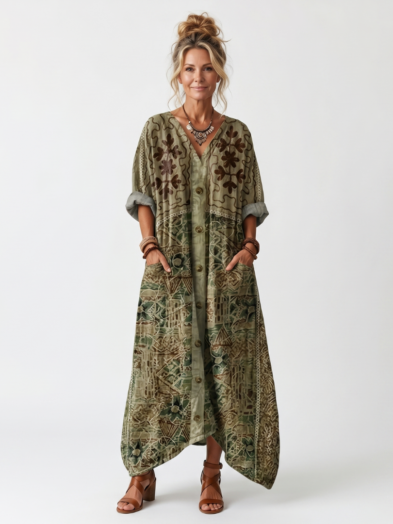 Oversized Button Front Embroidered Midi Dress with Pockets