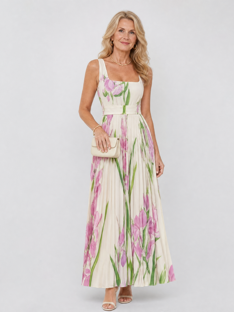 Sleeveless Satin Midi Dress with Square Neckline and Elegant Pleats