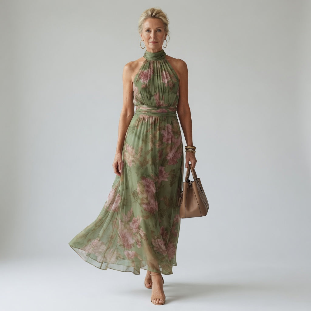 Midi Dress with Gathered Halter Neckline - Mireille