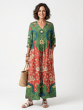 V Neck Midi Dress with Mixed Print and Pockets