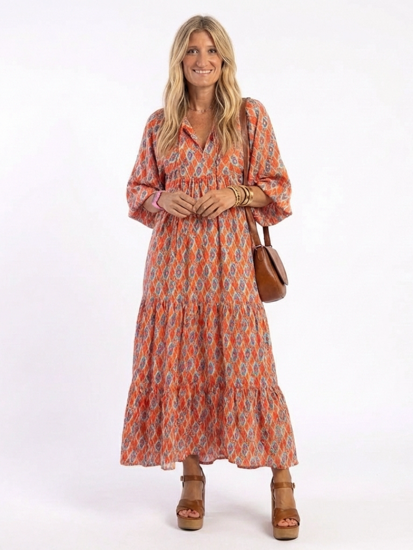 Tiered V Neck Midi Dress with Geometric Print