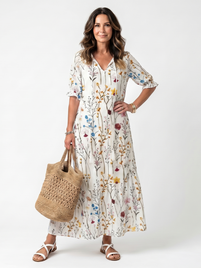 Tie Front Midi Dress with Botanical Print
