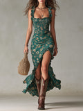 Retro Bohemian Maxi Dress with Puff Sleeves and Elegant Slit