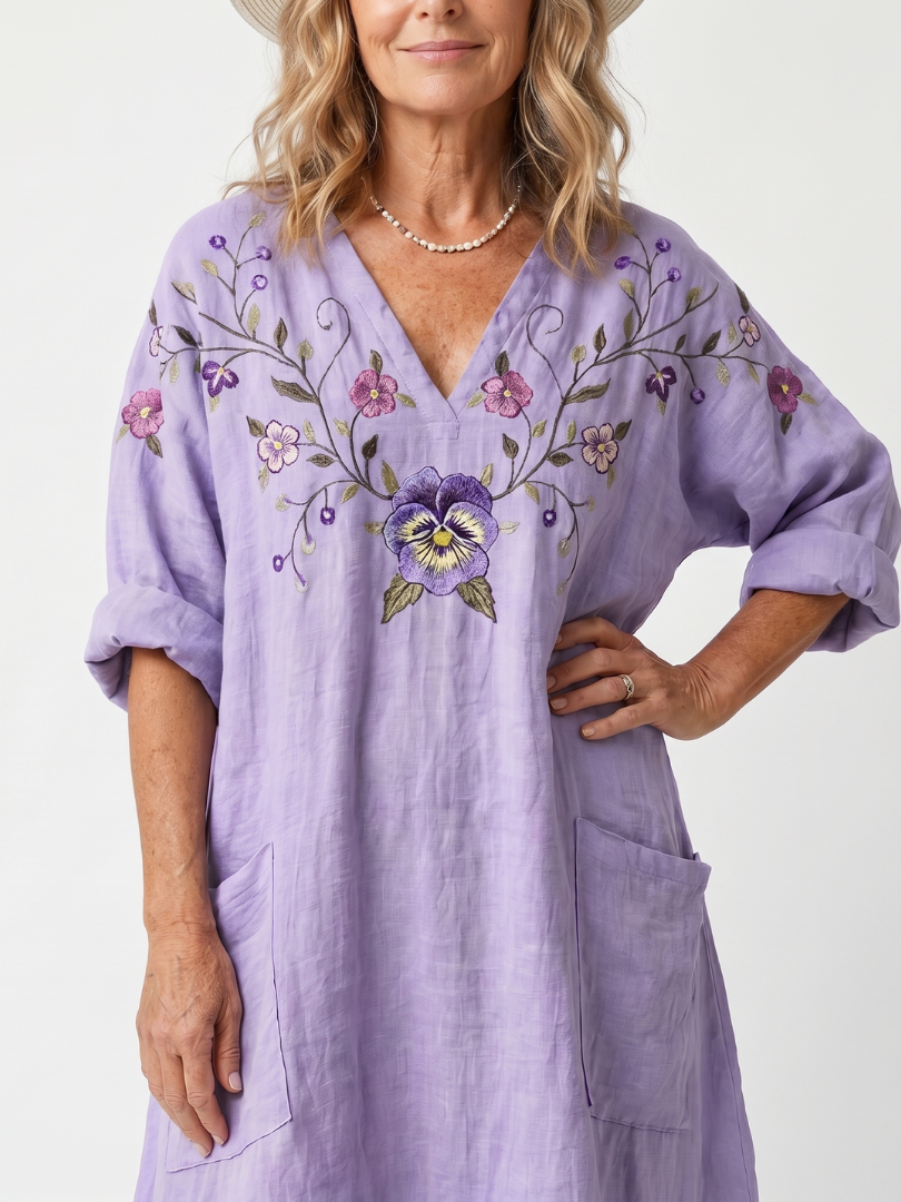 Oversized Floral Embroidered Midi Dress with Pockets